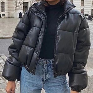 FAUX Leather Zara Black Puffer Jacket slightly cropped